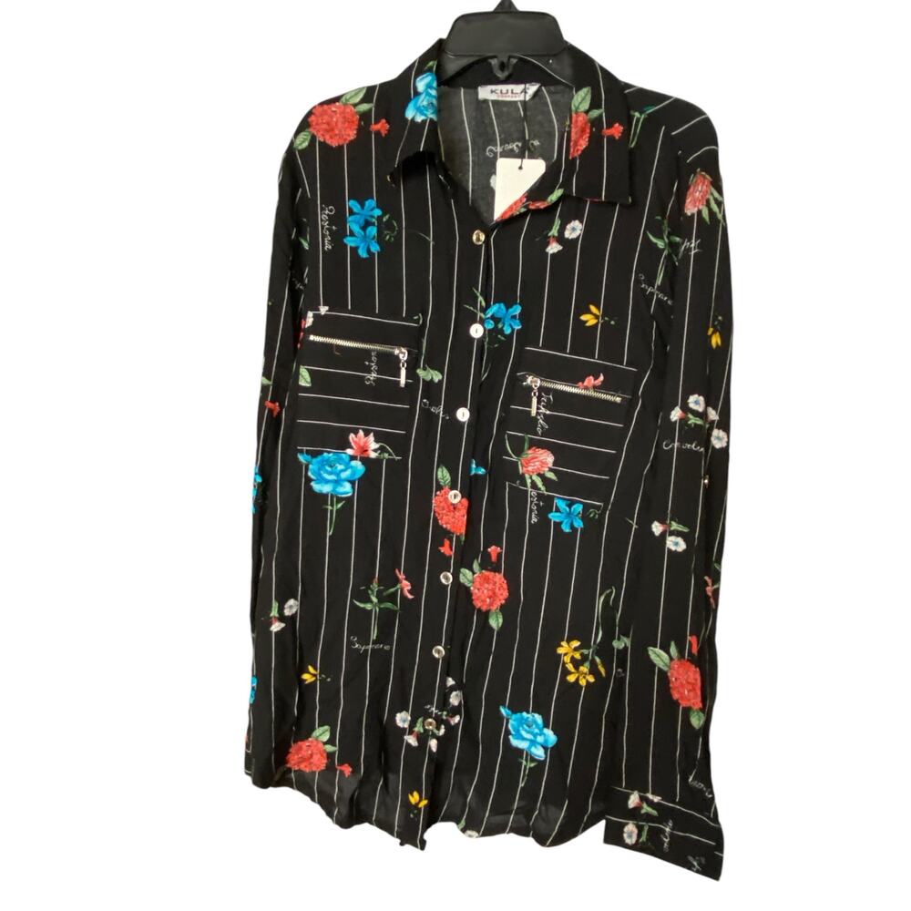 Kula Company women’s Size 42 Long Sleeve Button Floral Pinstripe Shirt Black NWT